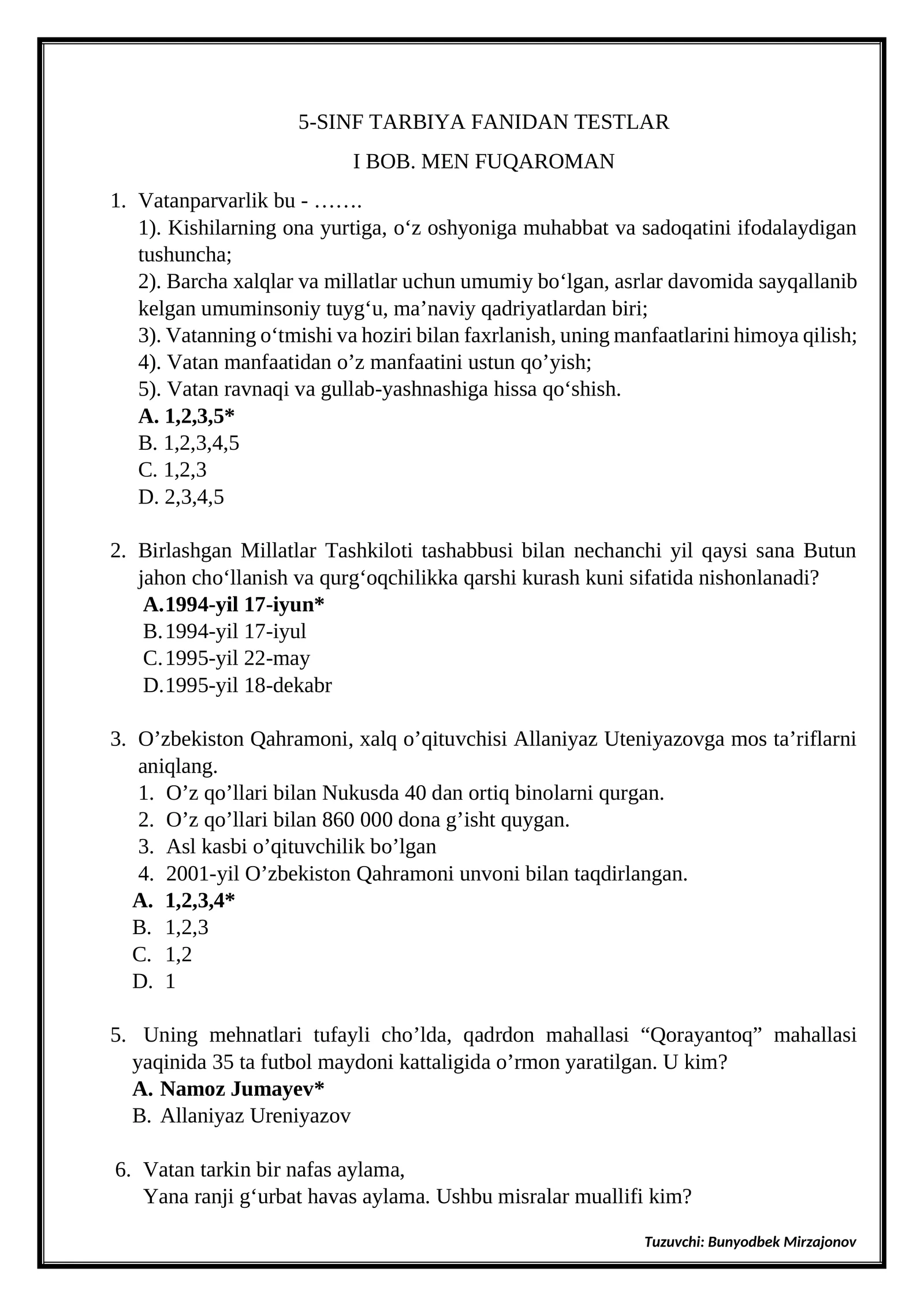 5-SINF TARBIYA FANIDAN TESTLAR