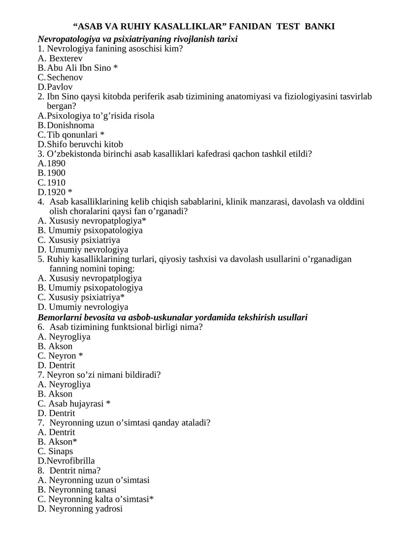 Nevropatologiya va psixiatriya test banki