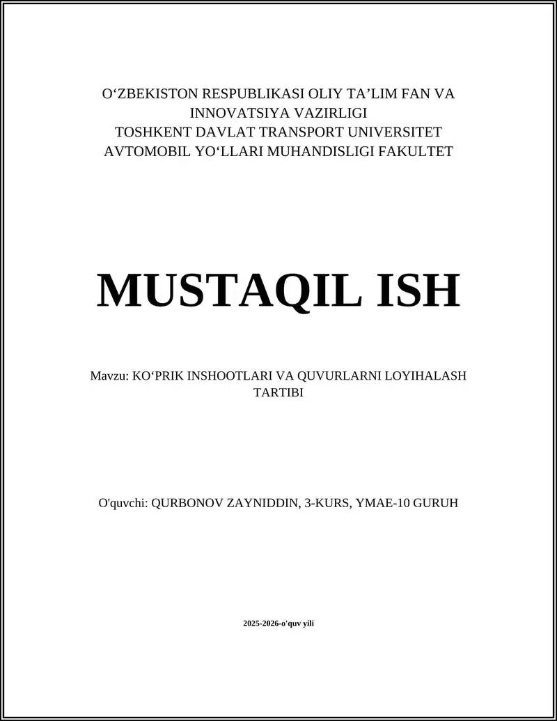 KOʻPRIK INSHOOTLARI VA QUVURLARNI LOYIHALASH TARTIBI