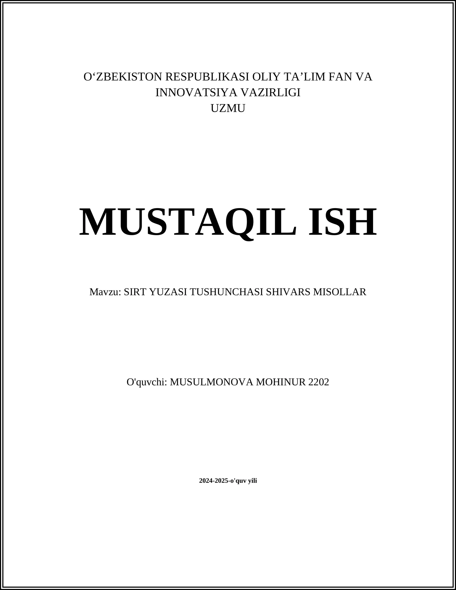 SIRT YUZASI TUSHUNCHASI SHIVARS MISOLLAR
