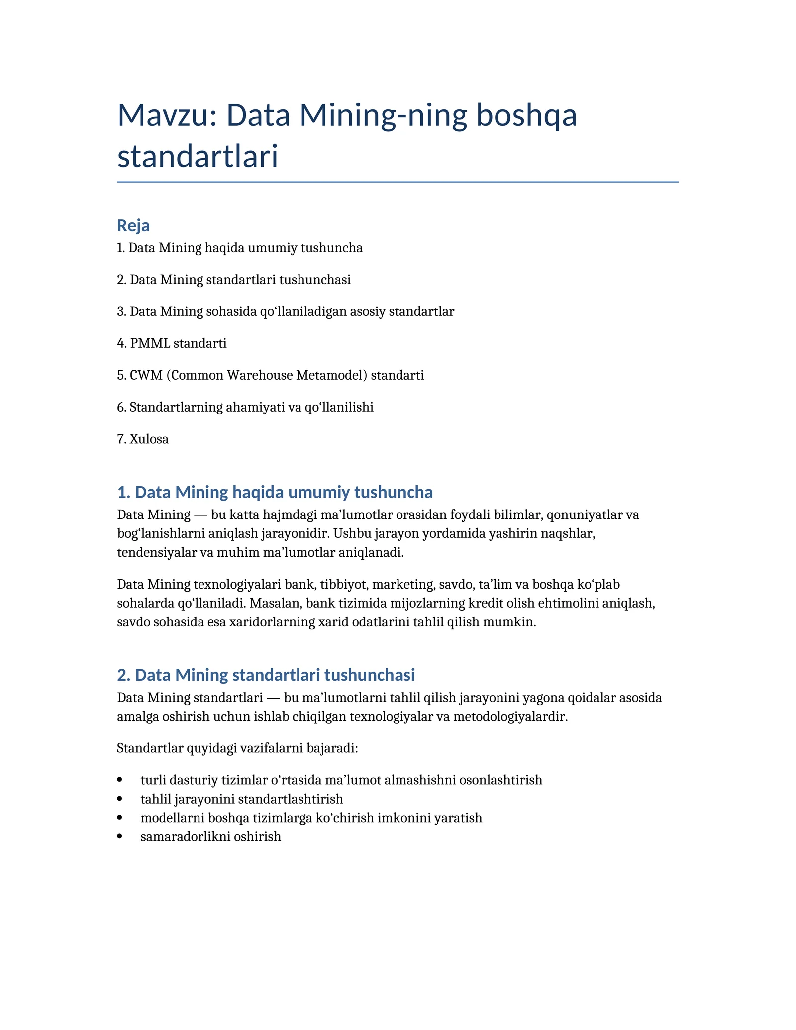 Data Mining-ning boshqa standartlari