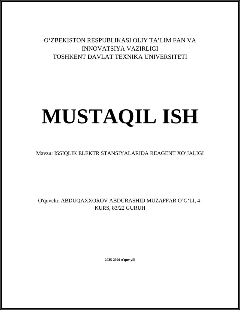 Issiqlik elektr stansiyalarida reagent xo‘jaligining umumiy nazariyasi