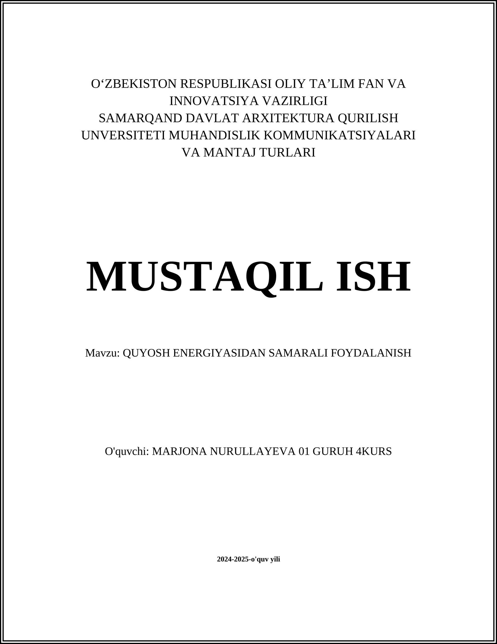 QUYOSH ENERGIYASIDAN SAMARALI FOYDALANISH