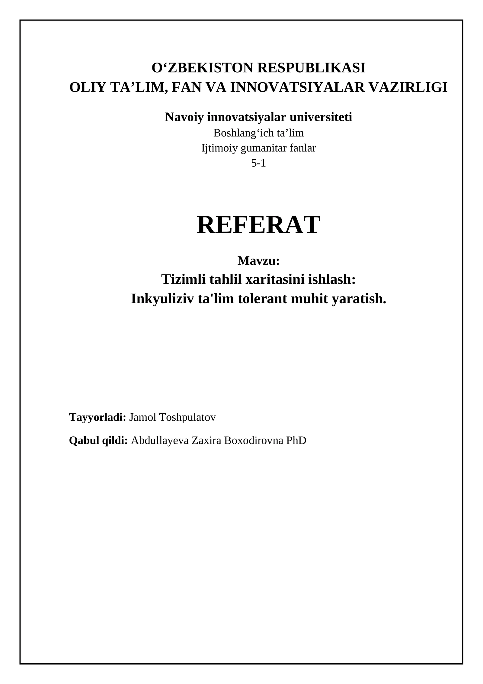 REFERAT - Tizimli tahlil xaritasini ishlash: Inkyuliziv ta'lim tolerant muhit yaratish