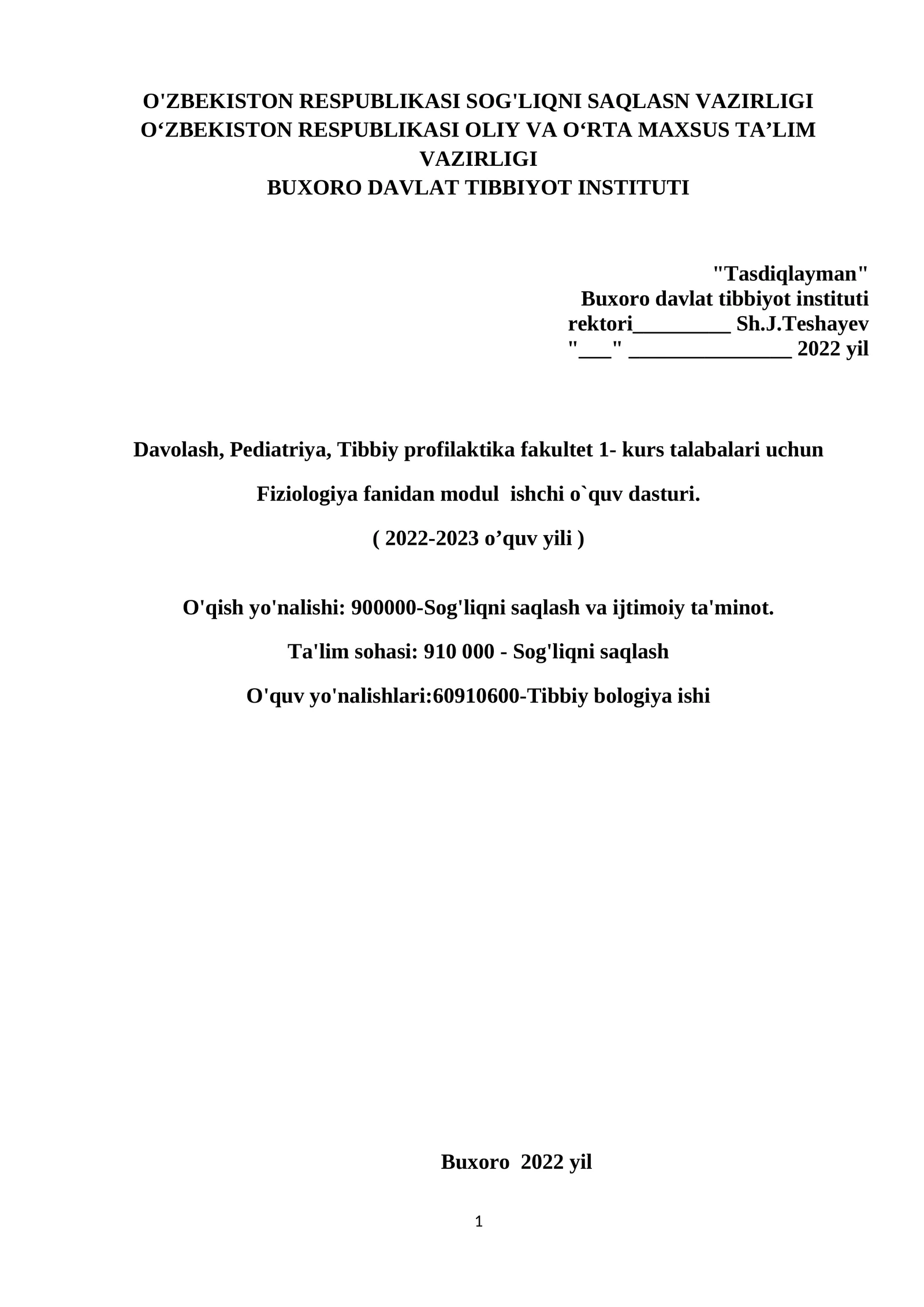 Fiziologiya fanidan modul ishchi o`quv dasturi