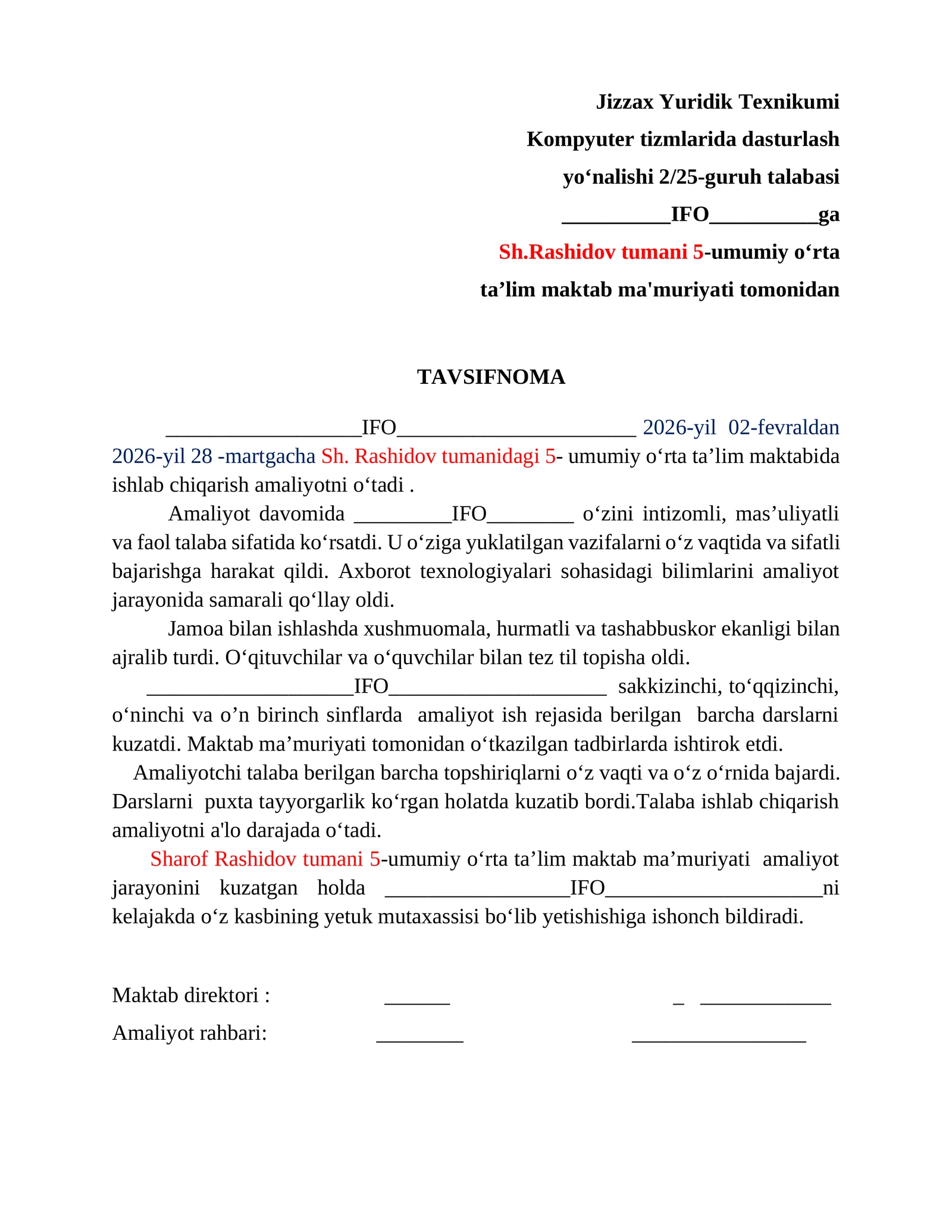 Amalyotchilar uchin TAVSIFNOMA