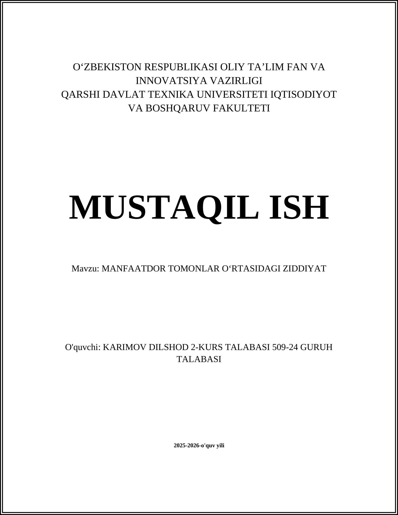 MANFAATDOR TOMONLAR OʻRTASIDAGI ZIDDIYAT