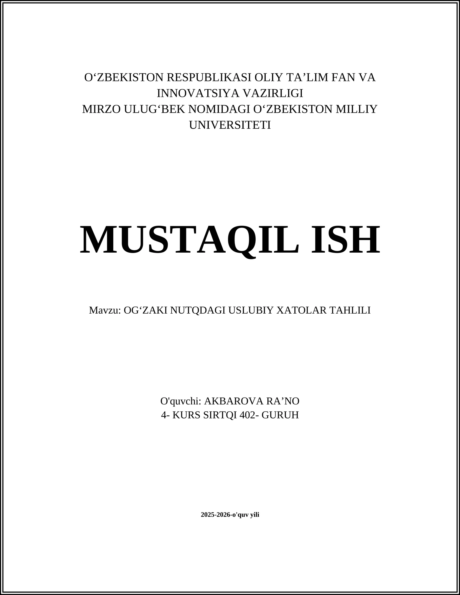 OGʻZAKI NUTQDAGI USLUBIY XATOLAR TAHLILI