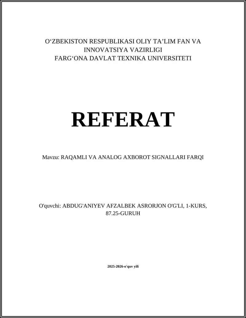 RAQAMLI VA ANALOG AXBOROT SIGNALLARI FARQI