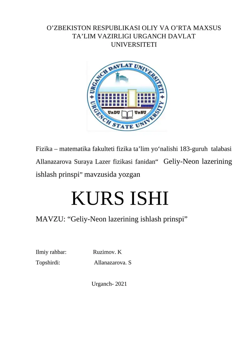 Geliy-Neon lazerining ishlash prinspi
